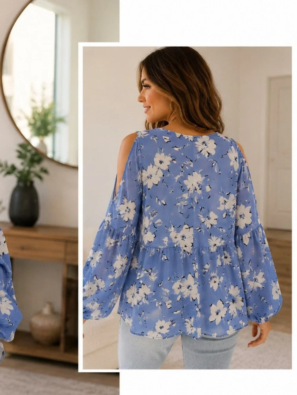Cato Blue Floral Cold-Shoulder V-Neck Blouse - Picture 2 of 7